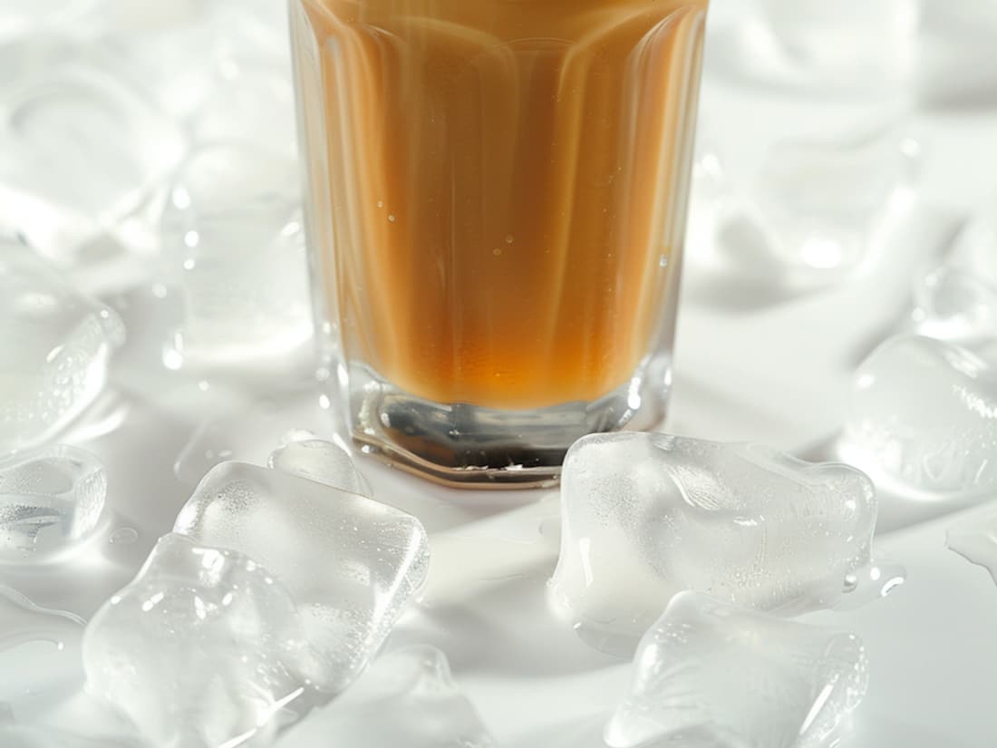 Tall glass of iced coffee topped with whipped cream and a dusting of cinnamon.