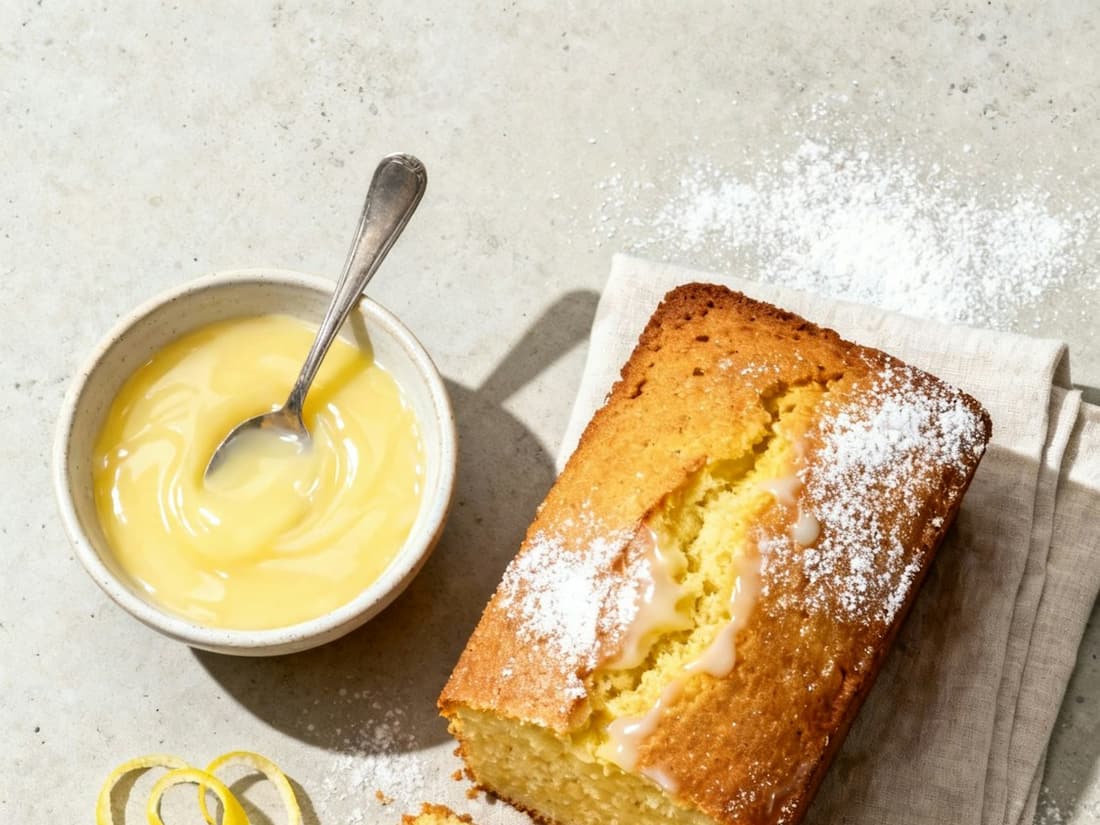 Golden lemon loaf cake dusted with icing sugar, served with lemon curd and zest curls.