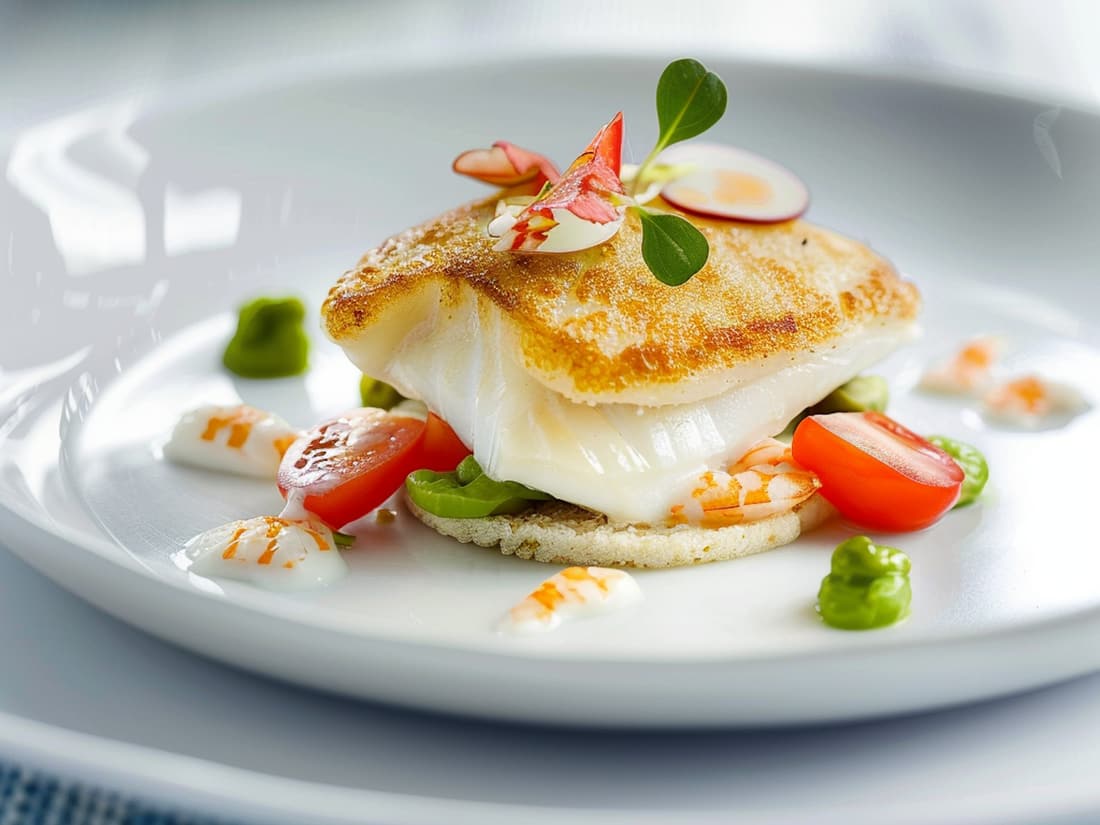 Seared sea trout fillet with pea purée, halved cherry tomatoes and microgreens on a white plate.