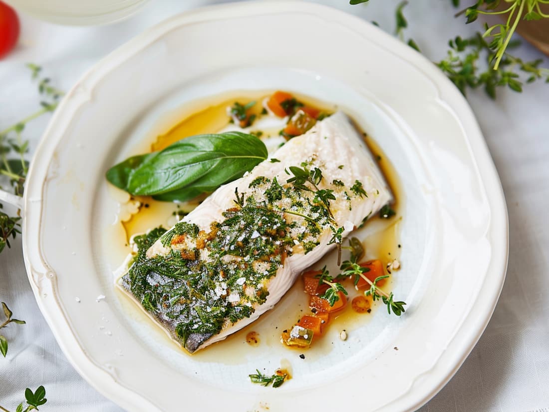 Roast bream fillet with a green herb sauce and diced vegetables on a white plate.