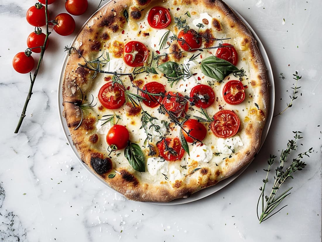 Wood-fired flatbread topped with fresh mozzarella, cherry tomatoes and basil on a marble counter.
