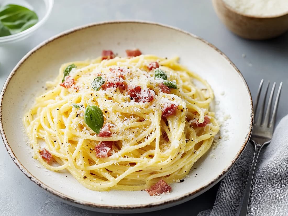 Spaghetti with crisp pancetta, pecorino and basil in a rustic white bowl.