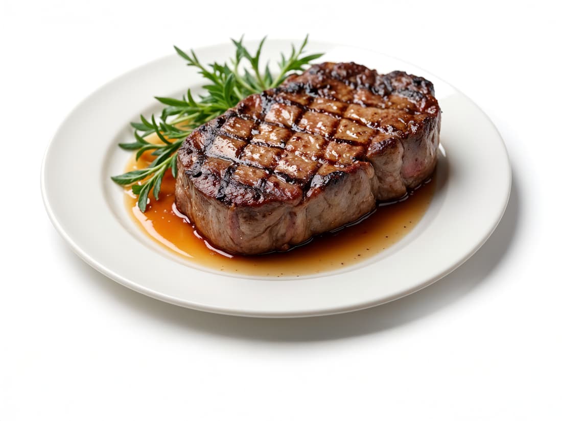 Grilled sirloin steak with rosemary and a glossy glaze, showing charred grill marks.