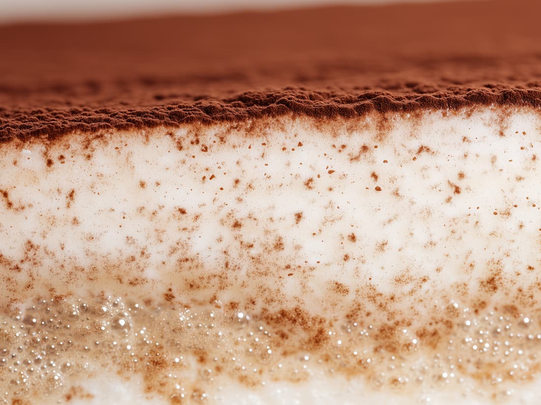 Tiramisù with a cocoa-dusted top, cream layer and coffee-soaked sponge base.