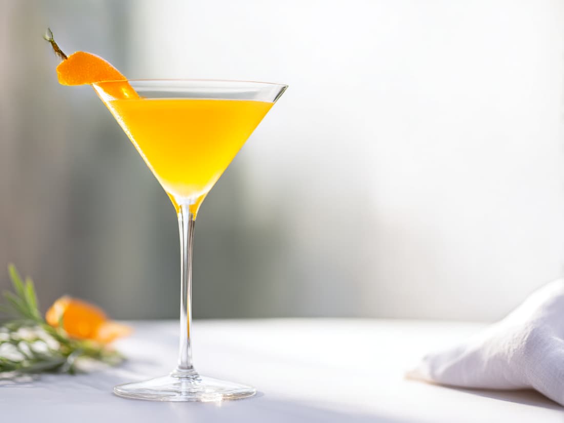Bright orange cocktail in a stemmed glass with an orange peel and rosemary garnish.