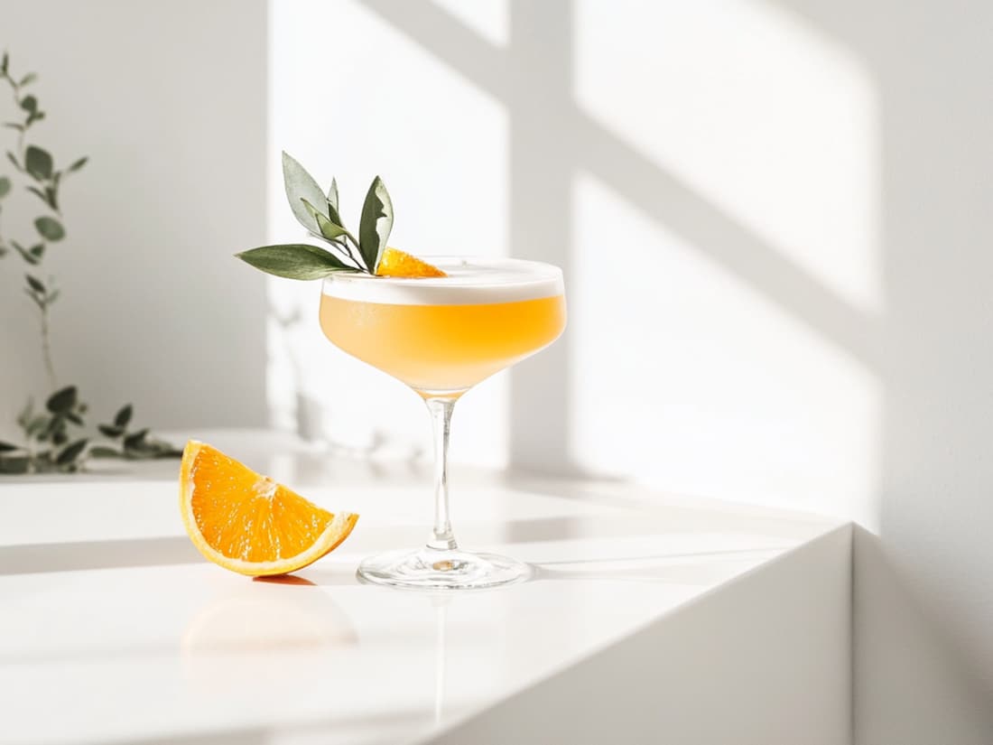 Orange zero-proof cocktail served up in a coupe glass with a green leaf garnish.