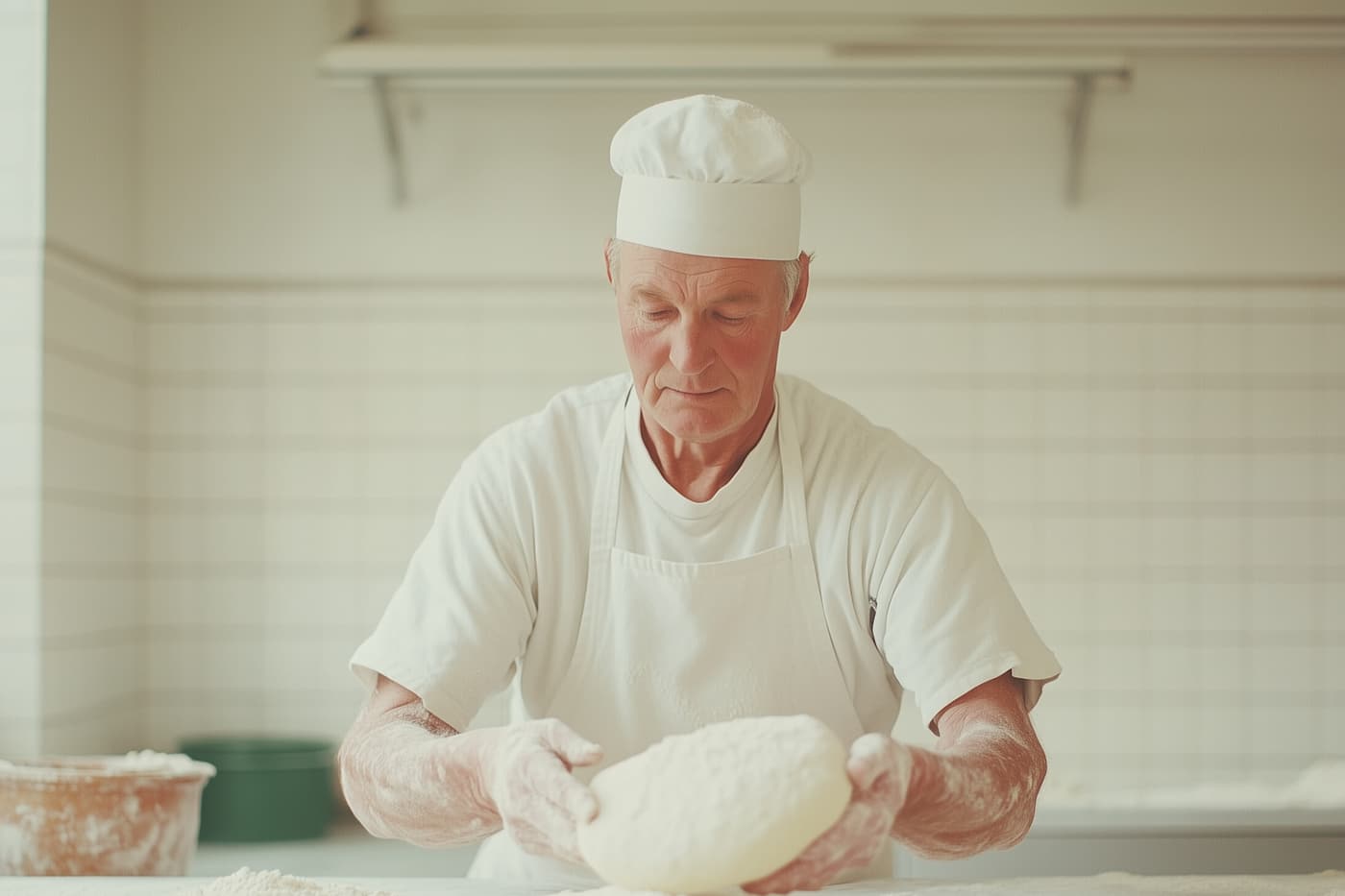 A baker shaping dough by hand on a work surface in a white-tiled kitchen.