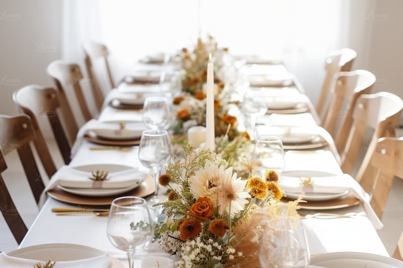 Long dining table laid with an autumnal floral centrepiece, gold accents and lit candles.